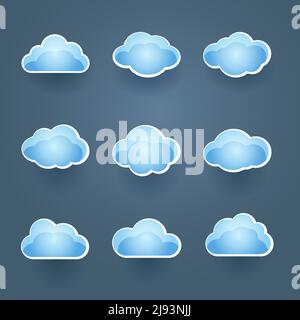 Set of nine different blue vector cloud icons in different shapes conceptual of the weather forecast or cloud computing Stock Vector