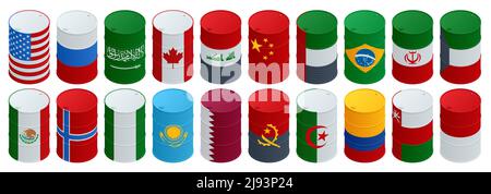 Isometric Organization of the Petroleum Exporting Countries, OPEC. Oil production. Oil barrels in color of flags of countries memebers of OPEC Stock Vector