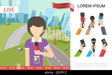 Flat TV news concept with reporter on cityscape and people hands holding dictaphones and microphones vector illustration Stock Vector