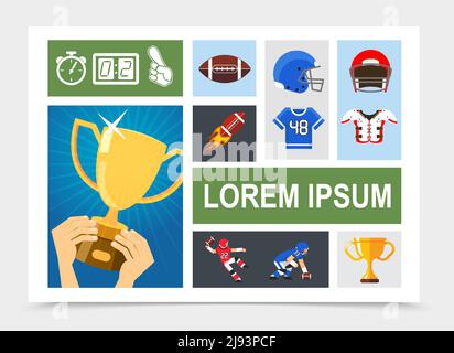 Flat rugby elements composition with american football players cup balls shirts armor helmets hands holding trophy vector illustration Stock Vector