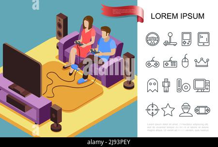 Flat gaming concept with people playing video game on tv and videogame linear icons vector illustration Stock Vector