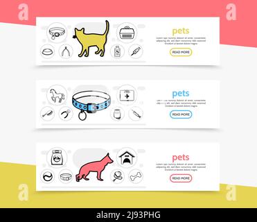 Pets horizontal banners with cat dog horse carriers feed care tools and medical instruments line icons vector illustration Stock Vector