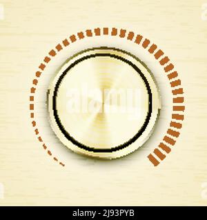 Round gold brushed metallic volume knob or button with a red scale showing increasing decibels and sound output on electronic music or broadcast equip Stock Vector