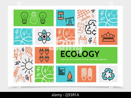 Linear ecology infographic template with bulbs barrel drilling rig recycle sun plug socket fire battery lightnings solar panel icons vector illustrati Stock Vector