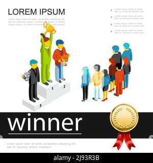 Isometric success colorful template with people standing on podium in front of audience vector illustration Stock Vector