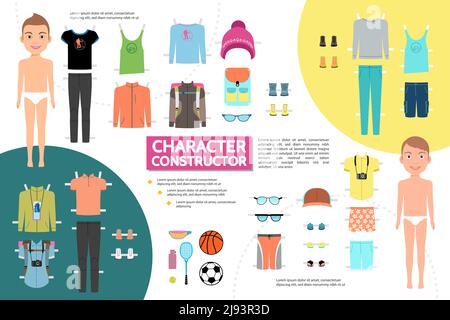 Flat male athlete character infographic concept with sport clothing sneakers sunglasses cap tennis racket bottle soccer basketball balls isolated vect Stock Vector
