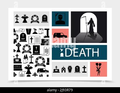 Flat death black elements composition with flowers chapel cemetery ...