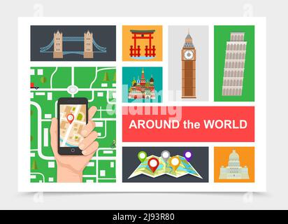 Flat travel around world composition with hand holding mobile with navigation map pins and different famous attractions vector illustration Stock Vector