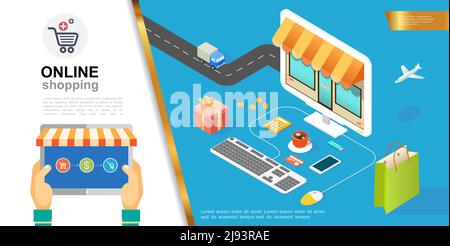 E-commerce colorful concept with man buying goods in online store using tablet and isometric style shop facade in monitor different elements vector il Stock Vector