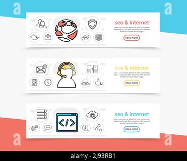Seo and internet horizontal banners with globe shield bird briefcase monitor operator message clock network routers cloud search navigation line icons Stock Vector