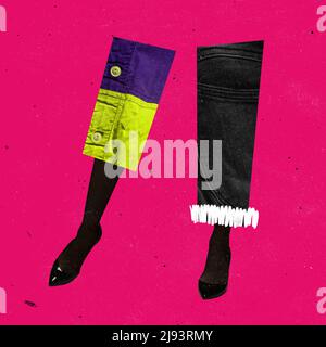 Contemporary art collage. Female legs wearing jeans made from different materials isolated over pink background Stock Photo
