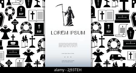 Flat death icons seamless pattern with grim reaper funeral and burial black elements vector illustration Stock Vector