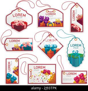 Gift package tags set including labels of different shape with boxes frames and strings isolated vector illustration Stock Vector