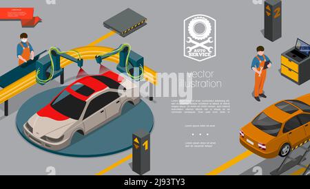 Isometric auto repair center concept with mechanics in uniform cars diagnostic and painting processes vector illustration Stock Vector