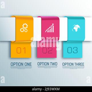 Business infographic concept with three ribbon banners options and white icons isolated vector illustration Stock Vector