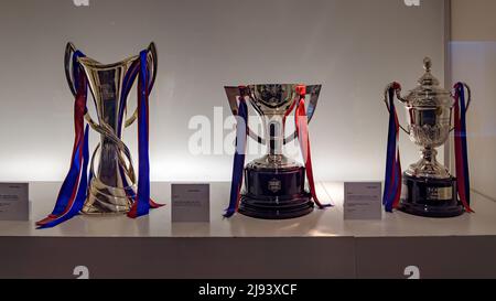 2021 Women's Football Club Barcelona trophies at the Barça Museum in the Camp Nou stadium (Barcelona, Catalonia, Spain) ESP: Trofeos del FC Barcelona Stock Photo
