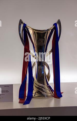 2021 Women's Football Club Barcelona trophies at the Barça Museum in the Camp Nou stadium. Champions Cup (Barcelona, Catalonia, Spain) Stock Photo