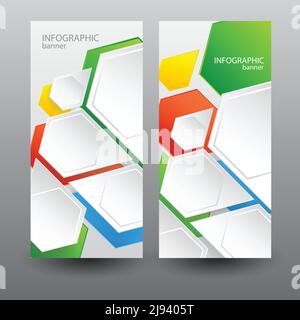 Infographic business vertical banners with light web hexagons on gray background isolated vector illustration Stock Vector