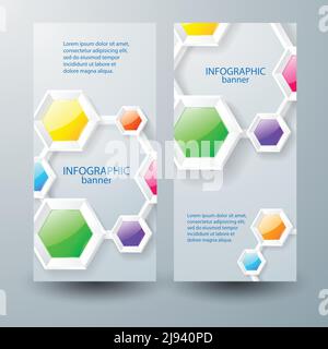 Abstract infographic business vertical banners with text colorful glossy connected hexagons on gray background isolated vector illustration Stock Vector