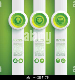 Business infographic concept with icons three gray vertical banners and round buttons on green background vector illustration Stock Vector