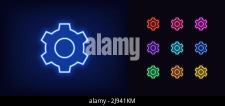 Outline neon gear icon. Glowing neon gearwheel silhouette, cogwheel pictogram. Setting process, technical service and system maintenance, engine and m Stock Vector
