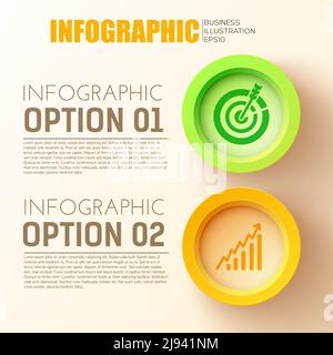 Business options infographic concept with two 3d colored circle buttons and place for description text flat vector Illustration Stock Vector