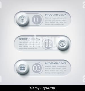 Business web infographics with three horizontal banners round buttons and icons in gray colors vector illustration Stock Vector