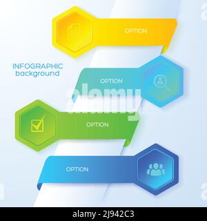 Business infographic concept with icons four colorful ribbons and hexagons on light background vector illustration Stock Vector