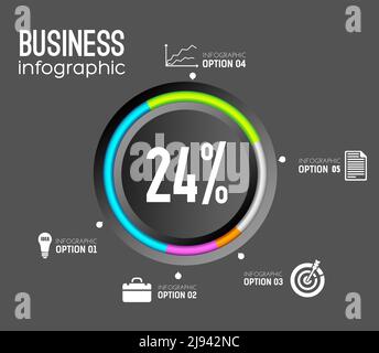 Business infographic template with circle colorful edging icons and percentage on dark background vector illustration Stock Vector