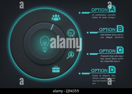 Business web infographics with round button four steps turquoise backlight and icons on dark background vector illustration Stock Vector