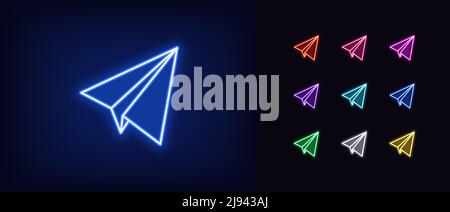 Outline neon paper plane icon. Glowing neon airplane silhouette, message sending pictogram. Letter mailing, send message and news, isometric airplane, Stock Vector