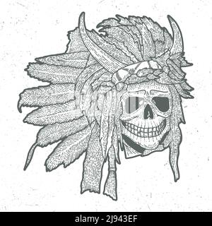 Indian skull mask poster in woodcut style with horns vector illustration Stock Vector
