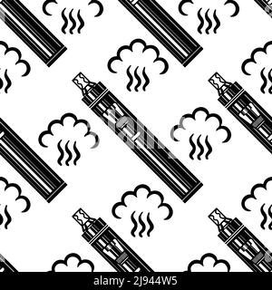 Seamless pattern of electronic cigarette icons and vapor clouds. Packaging and background for a vape shop. Vector illustration. Electronic cigarette i Stock Vector