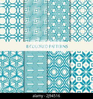 Set of eight seamless chevron patterns in blue and white colors with collection of different stylish shapes and chevron repeating elements vector illu Stock Vector