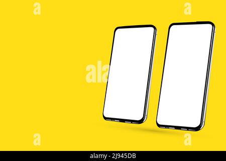 Realistic template mock up of two rotated angled smartphones for web design, webpages, banners, landings, presentations. Perspective view Stock Photo