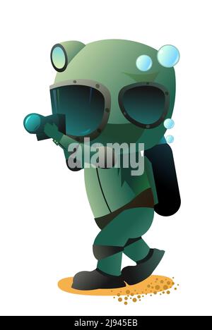 Diver in retro scuba gear taking pictures on go. Guy in underwater suit bottom of pond. Funny cartoon style. Extreme sports. Person in lake or sea. Is Stock Vector