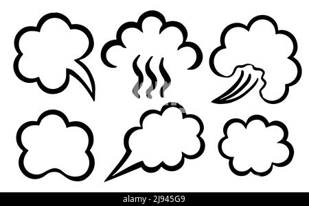 Sketch clouds of steam of different shapes. Vape steam. Empty speech balloons, pictograms. 3d realistic vector illustration. Stock Vector