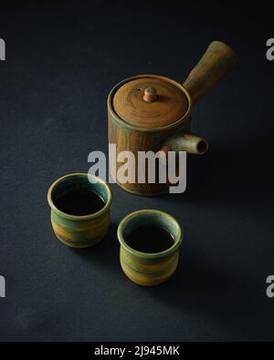 Japanese Asian style teapot and cups, copy space Stock Photo