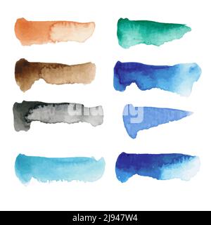Set of eight watercolor strokes on a white background, vector illustration Stock Vector