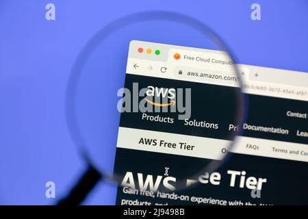 Ostersund, Sweden - Feb 25, 2022: AWS website on a computer screen.  Amazon Web Services is a subsidiary of Amazon that provides on-demand cloud compu Stock Photo