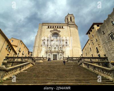 Stairs leading to the Cathedral of Saint Mary of Girona, Girona, Catalonia, Spain Stock Photo