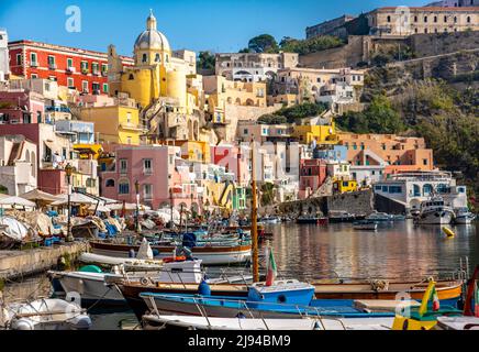 Aerial drone view of Corricella fisherman village in Procida island Naples Italy Stock Photo