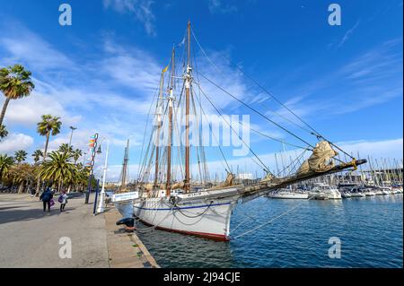 Santa Eulalia ship in Barcelona, Spain. Sailboat and marina Rambla de Mar in Port Vell. Sailing boats Stock Photo