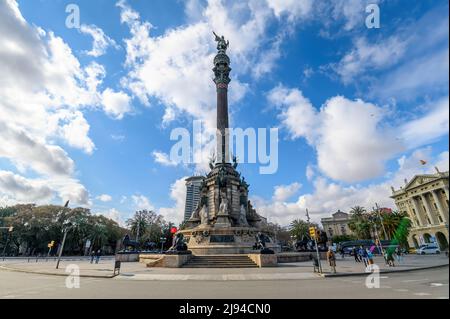 Barcelona, Spain. The Columbus monument or The Colon (Mirador de Colom) is a 60 m tall monument to Christopher Columbus Stock Photo