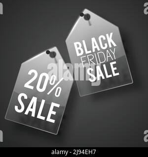 Sale black tag set hanging on the dark gray wall with headlines on each vector illustration Stock Vector