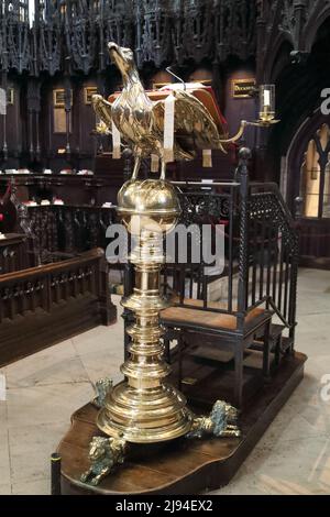 Eagle Lectern in Lincoln Cathedral's stalls St Hugh's Choir, Lincoln, UK Stock Photo