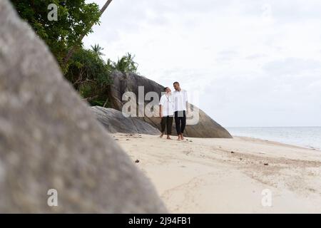 Photo with copy space of a gay couple walking along a beach Stock Photo
