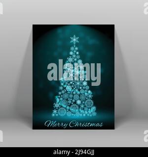 Dark merry christmas postcard with big decorated fir tree in blue light flat vector illustration Stock Vector
