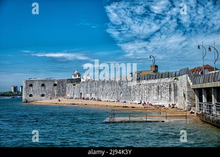 The hotwalls, made from Portland stone, between Old Portsmouth and Southsea as seen on a hot spring day on 17 May 2022 in the UK. Stock Photo