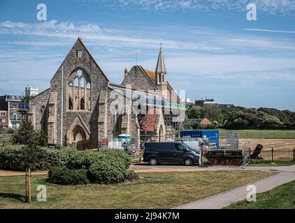 The Royal Garrison church bombed during WW2 undergoing renovation and conservation in 2022 on 17 May, Southsea, UK. Stock Photo